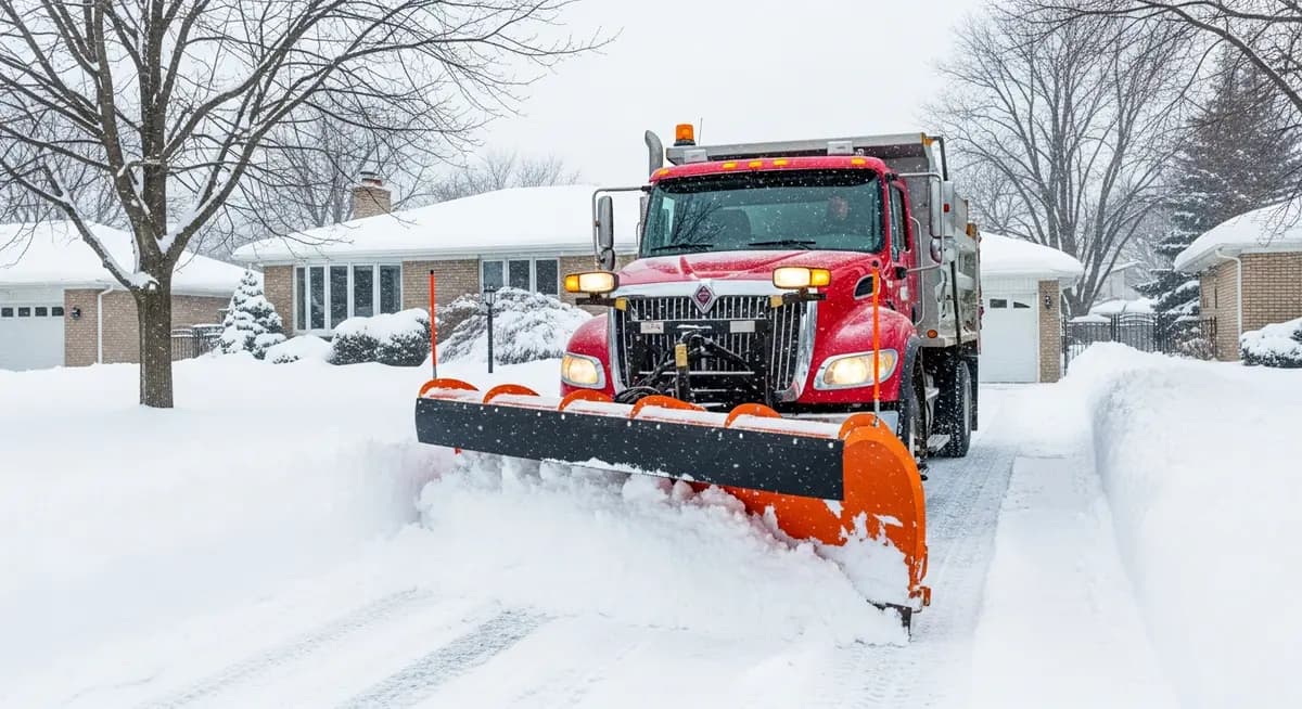 Professional snow removal contractor operating a plow truck clearing a residential driveway in a winter snowstorm