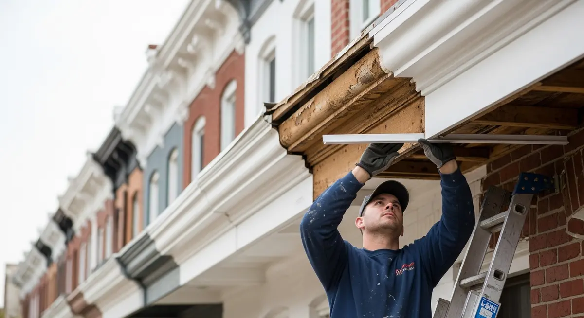 Professional soffit and fascia repair contractor installing new aluminum fascia board on a Baltimore Maryland residential home exterior with rotted wood fascia replaced by maintenance-free aluminum wrap system on brick rowhouse
