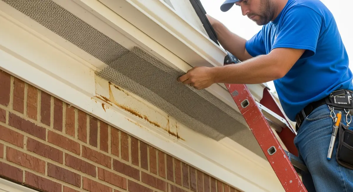 Professional contractor replacing corroded aluminum soffit vent screen on a Charlotte North Carolina 2005 colonial style brick house showing contractor removing old oxidized aluminum screen mesh from continuous soffit ventilation strip with new galvanized mesh and white vinyl soffit vent panel on residential exterior photograph