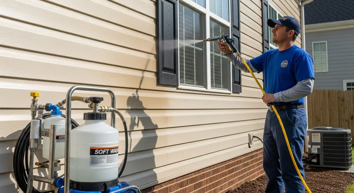Professional soft wash contractor applying low-pressure chemical solution to clean black algae and green mold from a vinyl siding home exterior with a 12-volt pump system and downstream injector