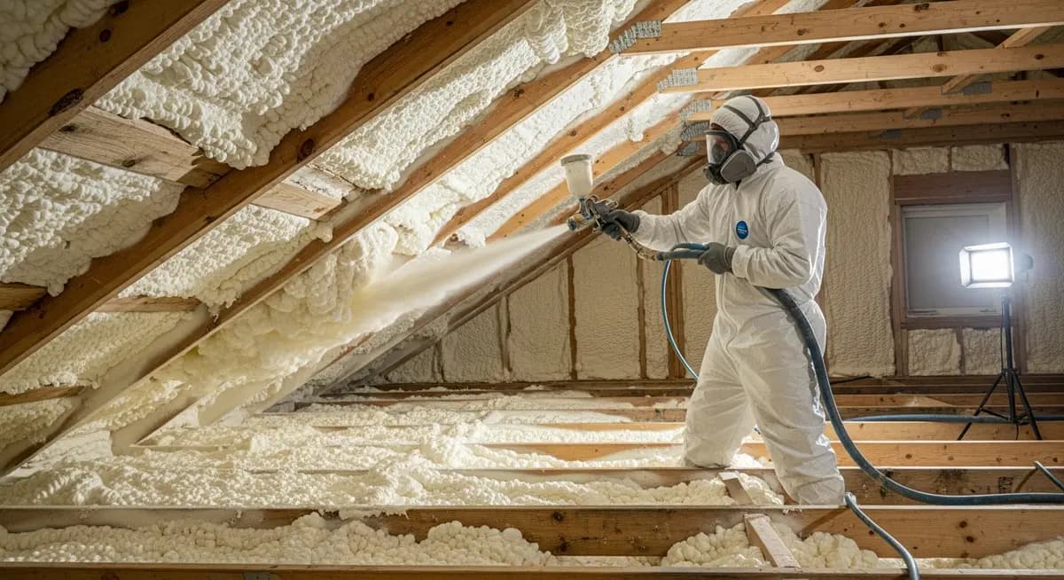 Professional spray foam insulation contractor applying open-cell polyurethane spray foam in a residential attic space wearing full PPE including respirator and Tyvek suit with expanding cream-colored foam filling rafter bays