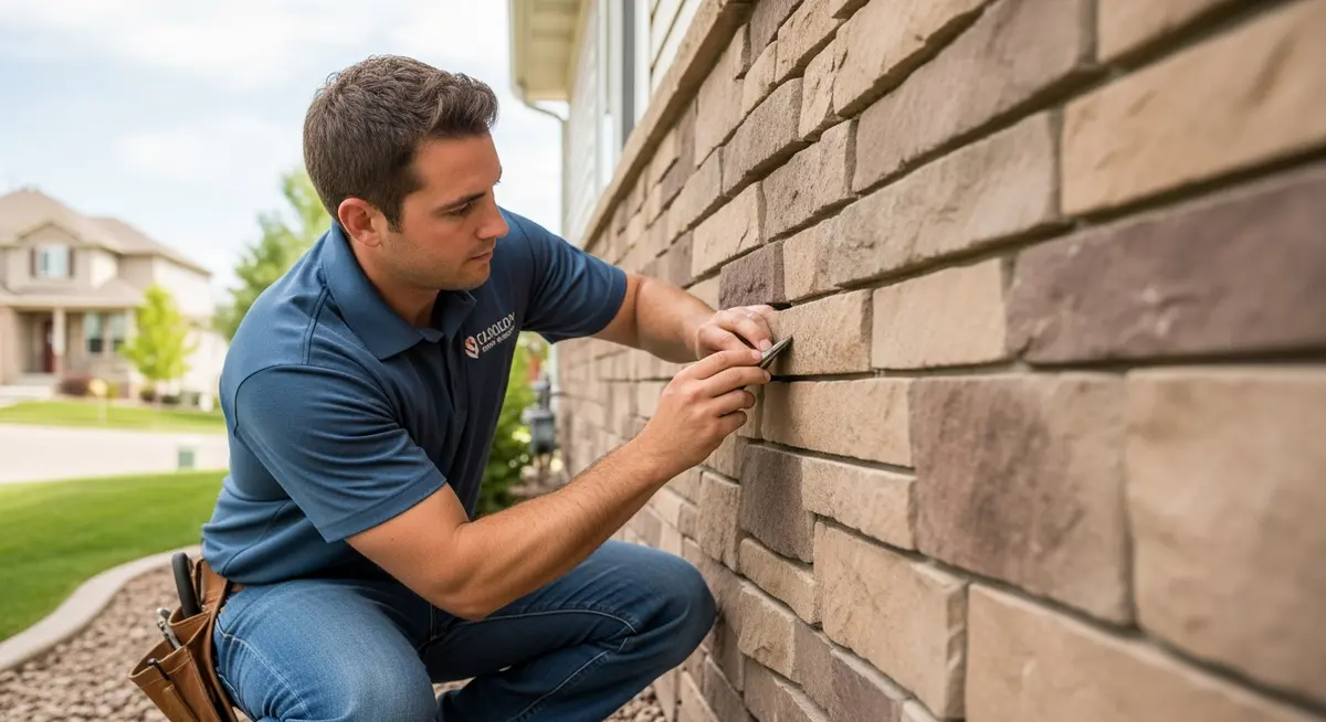 Professional manufactured stone veneer panel replacement contractor in Denver Colorado inspecting delaminated manufactured stone veneer panels on brick foundation exterior of suburban home showing contractor examining gap between veneer panel and wall substrate with Rocky Mountains background Jefferson County residential neighborhood photograph