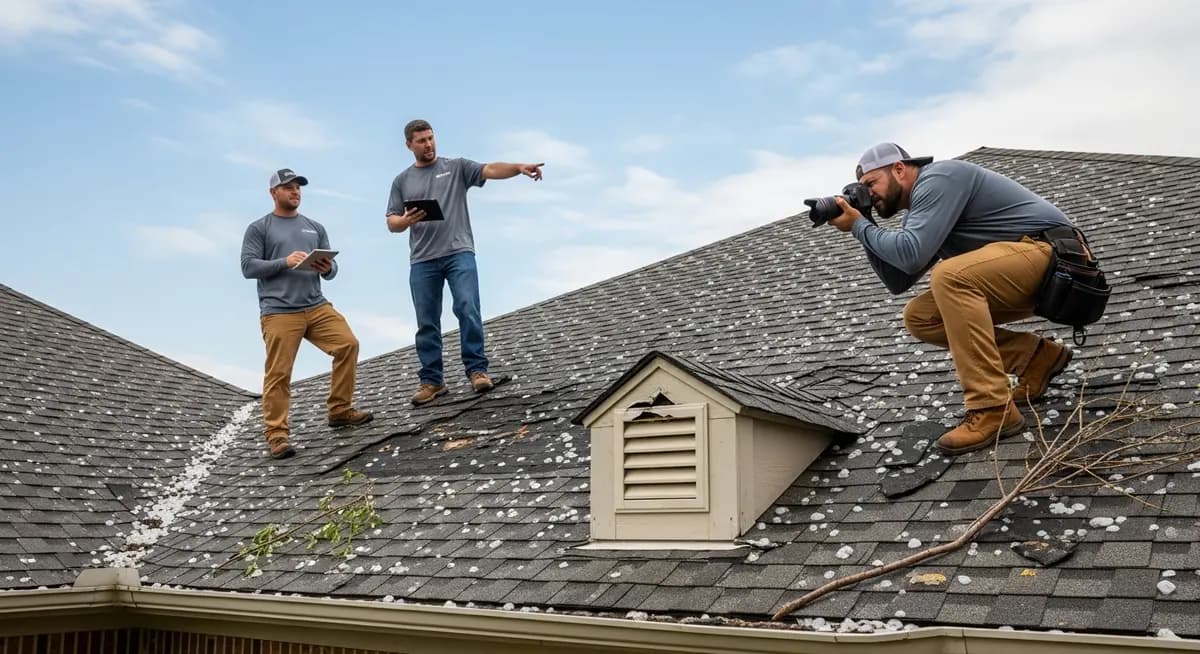 Professional storm damage restoration contractor inspecting hail-damaged roof shingles on a residential home after severe weather with insurance claim documentation tablet