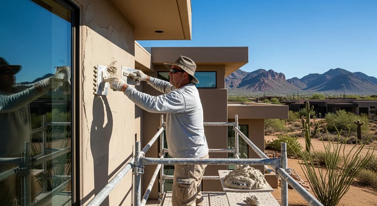 Professional stucco contractor applying traditional three-coat stucco finish to a residential home exterior in the Southwest United States