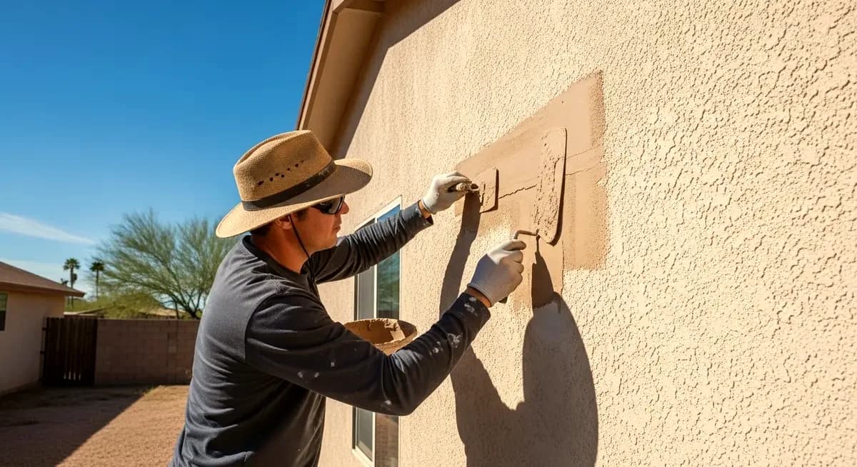 Professional stucco contractor applying elastomeric crack sealant to hairline stucco crack at window corner on residential home in Phoenix Arizona Maricopa County desert neighborhood photography