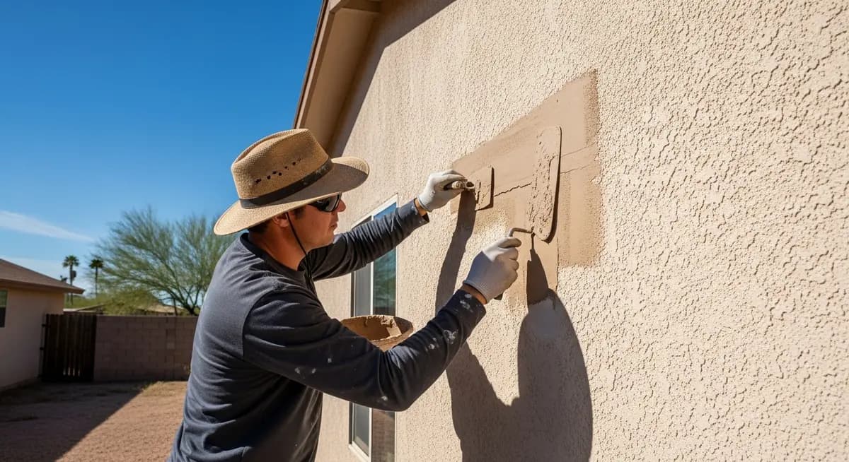 Professional stucco repair contractor in Tucson Arizona inspecting hairline thermal expansion cracks in painted beige stucco exterior wall of a southwestern ranch home showing contractor using trowel to apply matching stucco patch compound to cracked stucco facade with desert landscape and blue Tucson sky in background
