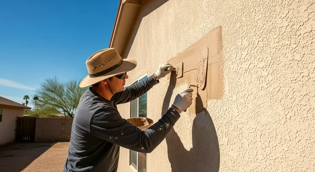 Professional stucco scratch coat delamination repair contractor removing delaminated scratch coat from wire lath substrate on residential stucco wall in Phoenix Arizona Scottsdale showing contractor with chisel and scratch coat removal tool exposing wire lath substrate and applying bonding slurry coat before new portland cement scratch coat application with Phoenix Arizona desert residential neighborhood background and Sonoran Desert landscape