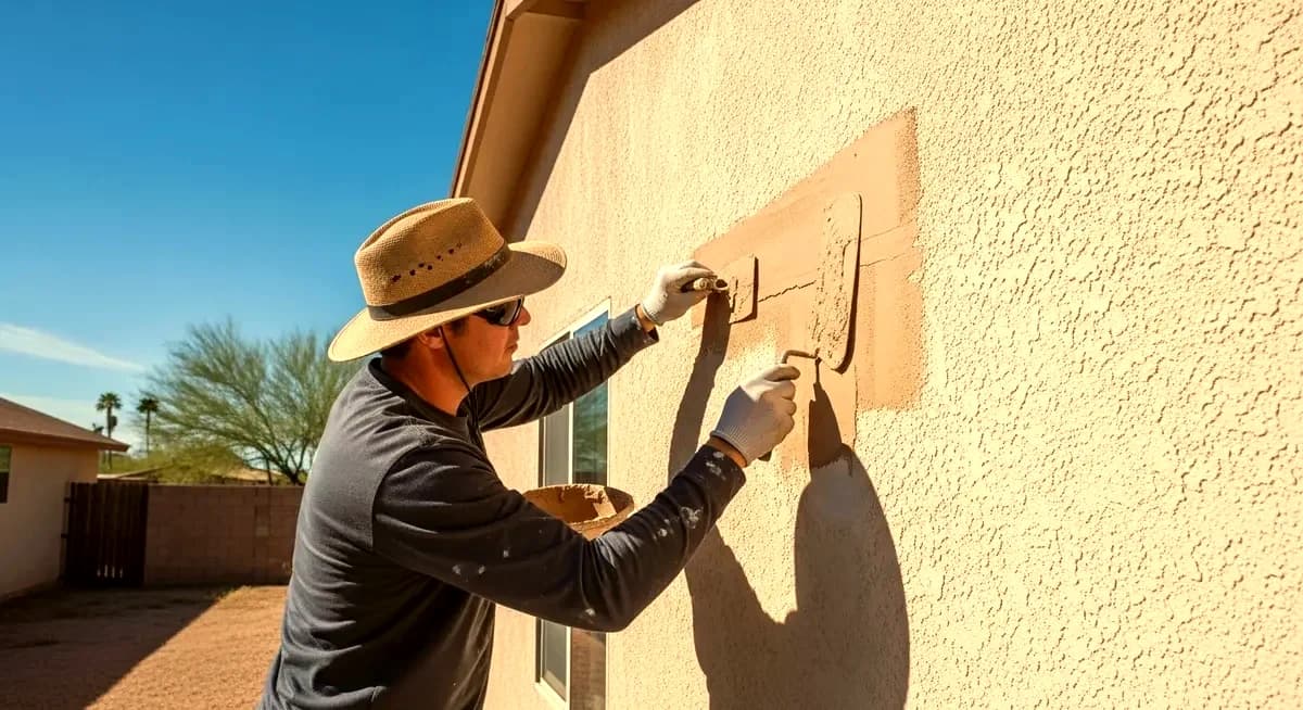 Professional stucco weep screed repair contractor removing corroded galvanized weep screed and installing new PVC weep screed at the base of a three-coat stucco exterior wall on a residential home in Phoenix Arizona Maricopa County Chandler Gilbert suburban neighborhood photography