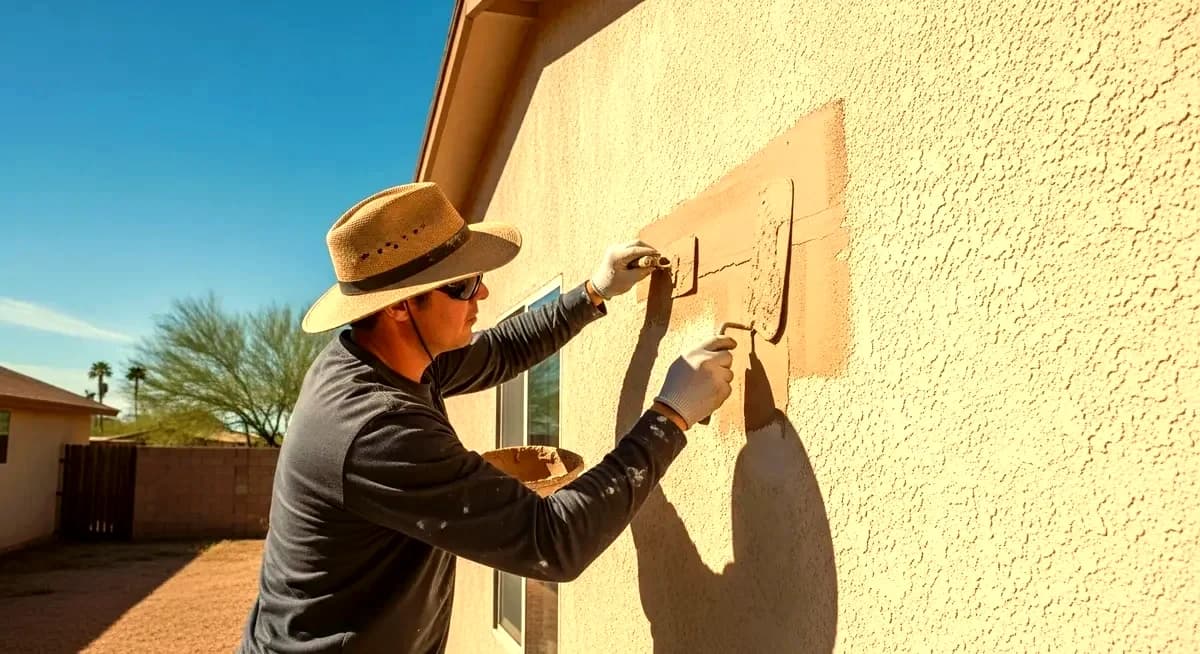 Professional stucco weep screed replacement contractor removing corroded galvanized steel weep screed and installing new PVC deep-flange weep screed at the base of a three-coat stucco exterior wall on a residential home in Tucson Arizona Pima County Oro Valley Catalina Foothills suburban neighborhood Sonoran Desert warm morning photography