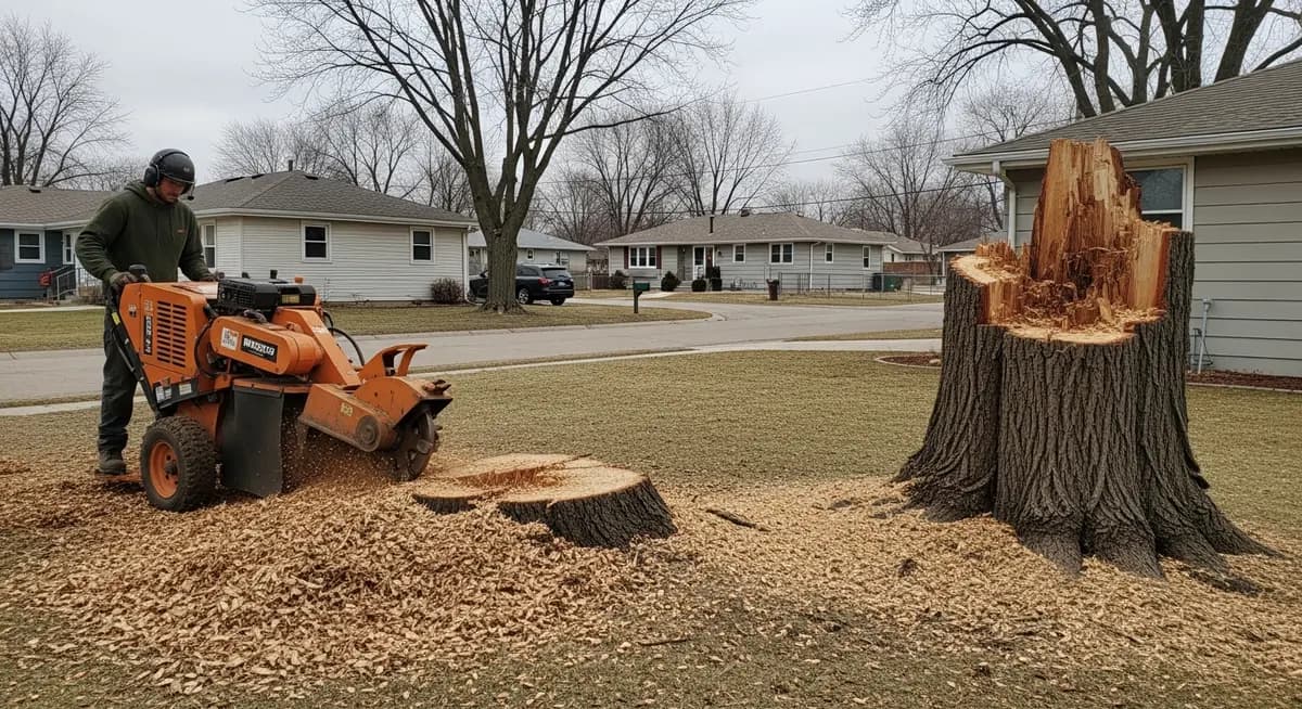 Professional stump grinding contractor operating a commercial stump grinder machine on a large tree stump in a Minneapolis Minnesota residential backyard with wood chips and suburban Twin Cities neighborhood visible