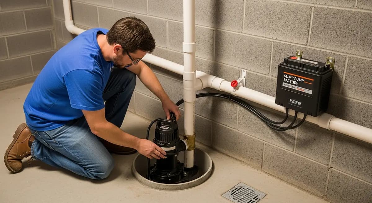 Professional sump pump installation contractor kneeling beside an open sump pit in a Columbus Ohio residential basement installing a new submersible sump pump in a cylindrical concrete sump basin with a white PVC discharge pipe running up the basement wall and a battery backup unit mounted on the concrete block wall beside the main pump