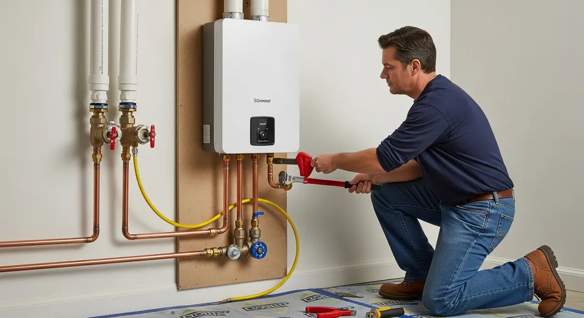Professional tankless water heater installation contractor mounting a modern wall-hung condensing gas tankless water heater unit on a residential utility room wall with copper pipe connections and PVC vent pipes
