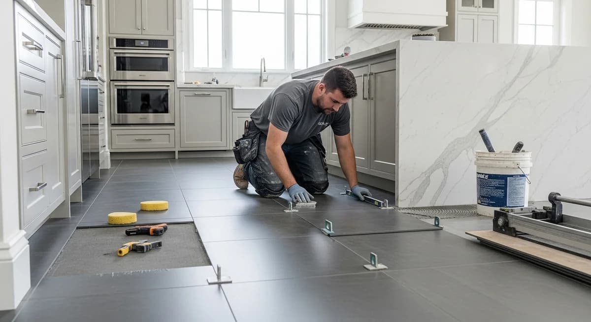 Professional tile contractor installing large-format porcelain tiles in a luxury kitchen renovation with precise grout lines