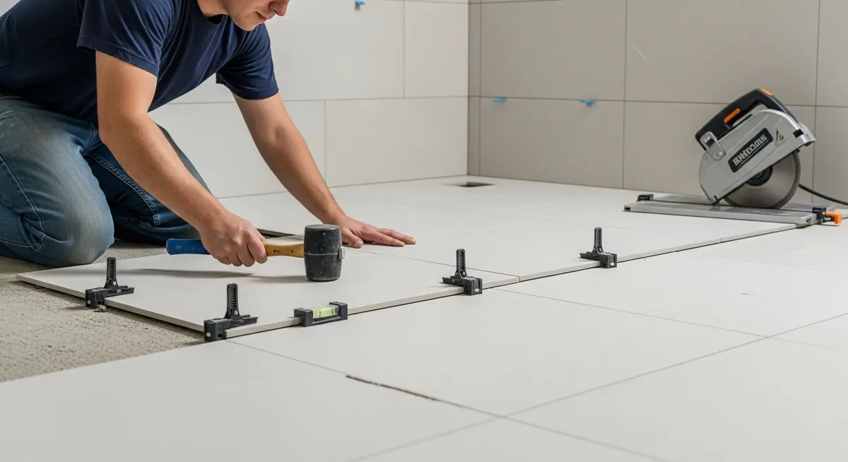 Professional tile installation contractor laying large-format 24x24 porcelain tiles in a modern bathroom renovation with precise grout lines and tile leveling system