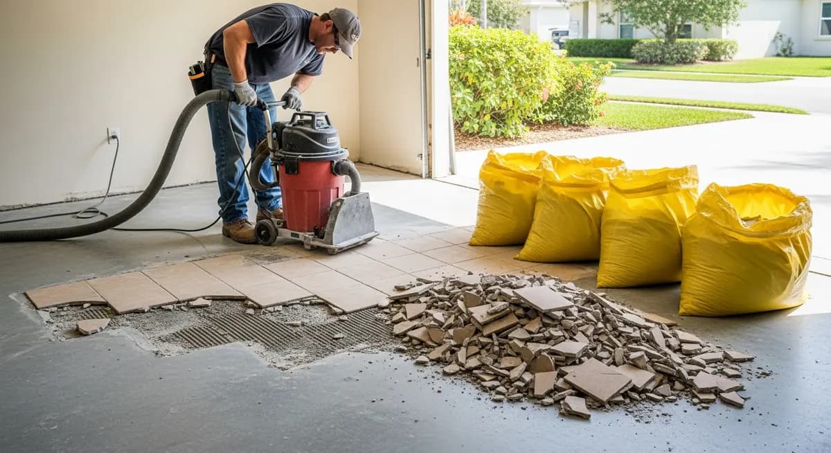 Professional tile removal contractor in Orlando Florida operating industrial dustless electric tile removal system removing 1990s 12x12 ceramic floor tile from a concrete slab-on-grade showing contractor using Hog machine with HEPA vacuum shroud attachment to remove beige ceramic tiles with tile debris contained in heavy-duty yellow bags
