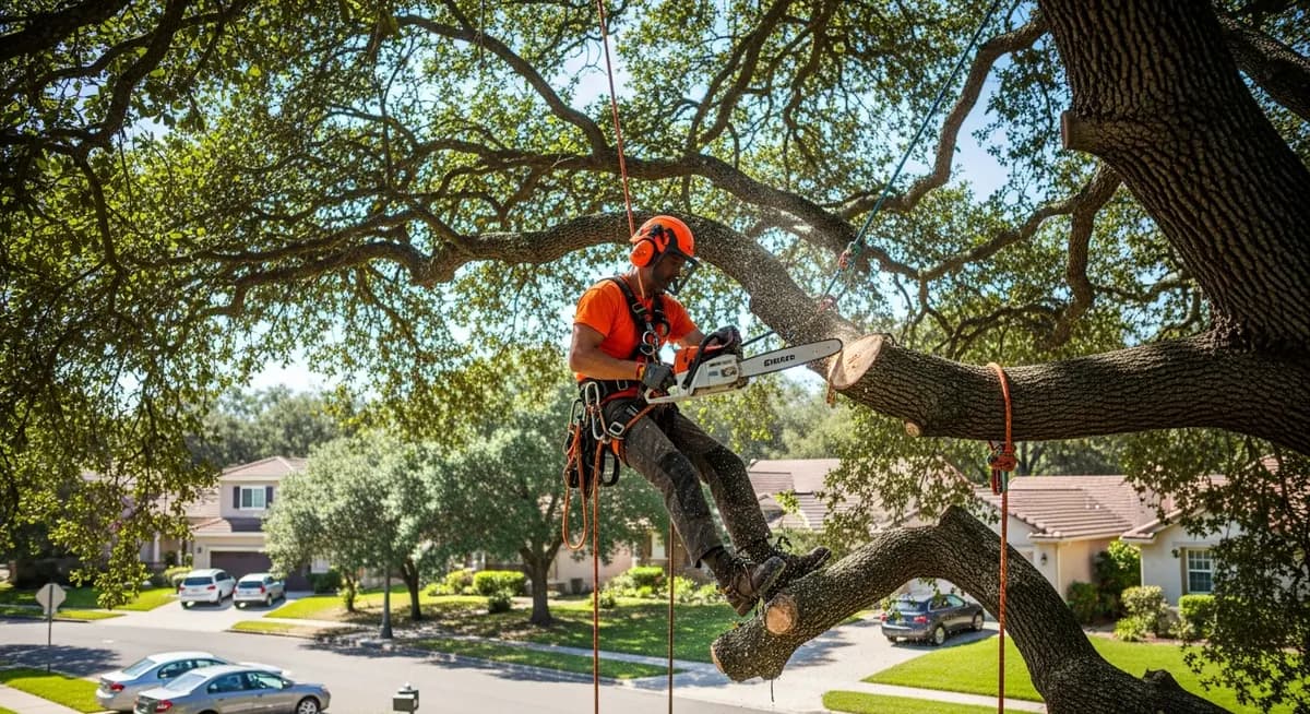 Professional arborist trimming a large tree for tree service contractor marketing