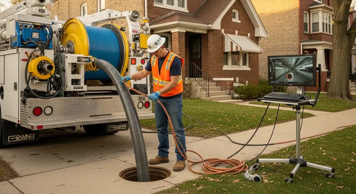 Professional trenchless sewer repair contractor operating CIPP pipe lining equipment at a Chicago Illinois residential job site feeding a resin-saturated liner into a clay tile sewer lateral access point in front of a brick bungalow with service truck inversion drum and sewer camera inspection monitor