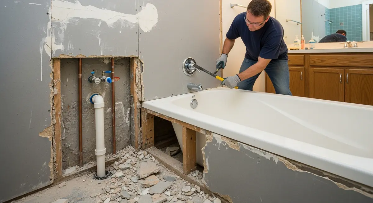 Professional tub to shower conversion contractor removing a white fiberglass alcove bathtub in a Sarasota Florida residential bathroom showing demolition of the tub surround with exposed cement board backer and plumbing rough-in before installing a new walk-in curbless barrier-free shower pan for aging-in-place accessibility renovation