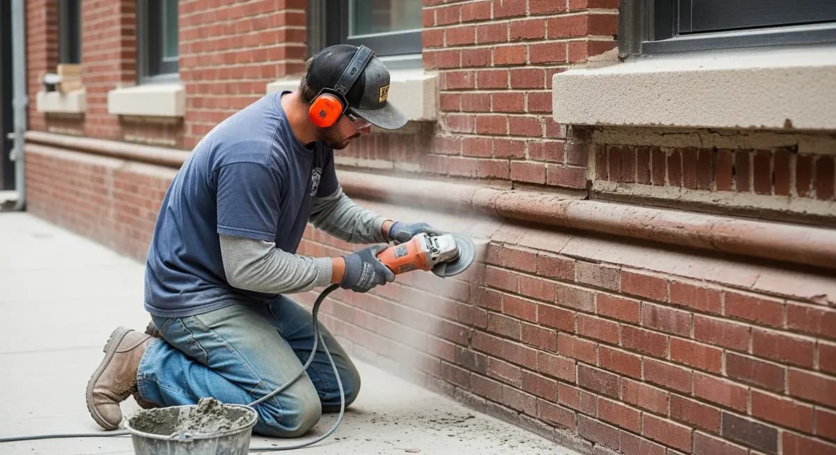 Professional tuckpointing contractor using a carbide angle grinder to remove deteriorated mortar joints on a historic Chicago brick building facade with fresh color-matched mortar and tuck pointer tools nearby