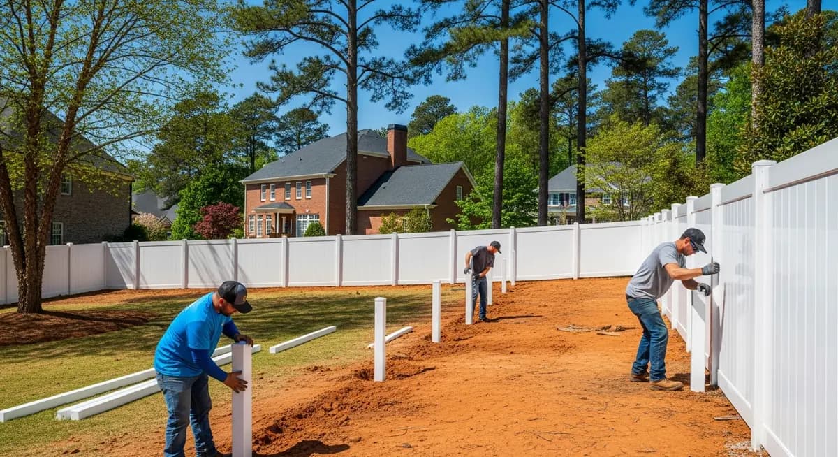 Professional vinyl fence contractor installing white vinyl privacy fence panels in a Charlotte North Carolina suburban backyard showing two contractors setting vinyl fence posts in concrete in Mecklenburg County red clay soil with completed white privacy fence panels along the property line in a Ballantyne-area HOA subdivision with a pool deck fence visible and mature trees and a brick colonial home in the background