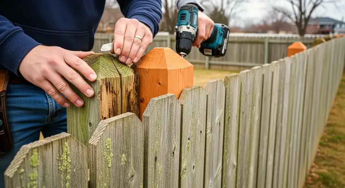 Professional vinyl fence gate post cap replacement contractor installing injection-molded vinyl post cap on residential vinyl fence gate post in Charlotte North Carolina Mecklenburg County showing contractor pressing new white vinyl post cap onto hollow gate post section with South Charlotte residential neighborhood background and lush green vegetation