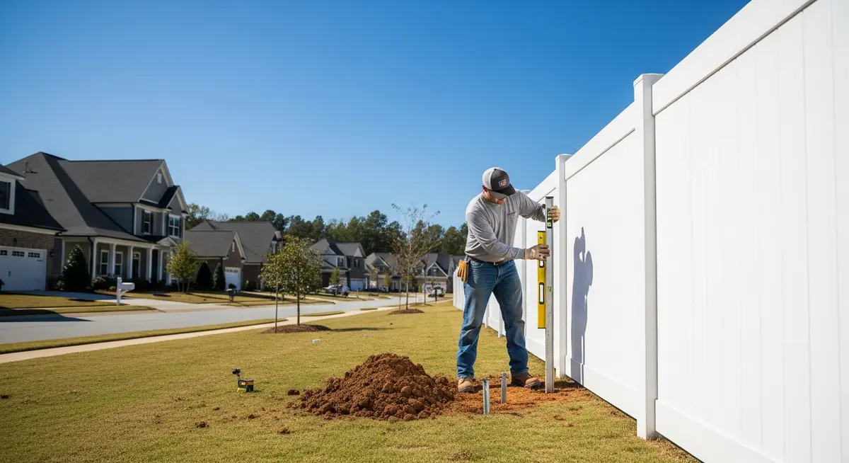 Professional vinyl fence post repair contractor installing new post anchor in Charlotte North Carolina Mecklenburg County Piedmont clay soil beside white vinyl privacy fence in Ballantyne HOA subdivision