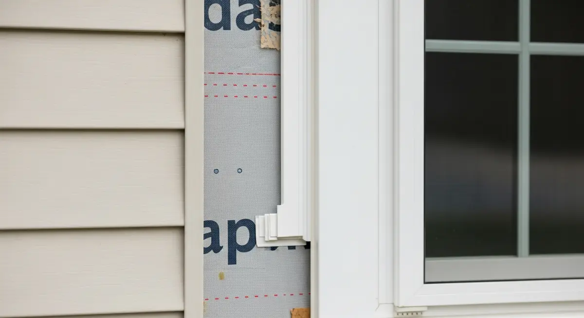 Professional contractor replacing cracked vinyl siding J-channel trim around a window on a 1990s colonial style house in Indianapolis Indiana showing the new white PVC J-channel being installed with trim nails alongside the window frame with the old brittle UV-cracked original J-channel removed exterior photograph
