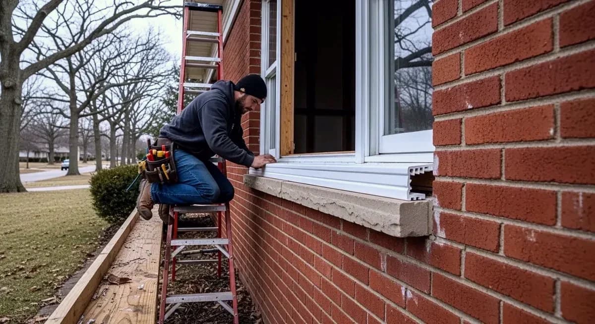 Professional vinyl window glazing bead replacement contractor removing UV-cracked PVC glazing bead strips and installing new UV-stabilized glazing bead on a residential double-hung window sash in Charlotte North Carolina Mecklenburg County Myers Park Dilworth suburban neighborhood photography