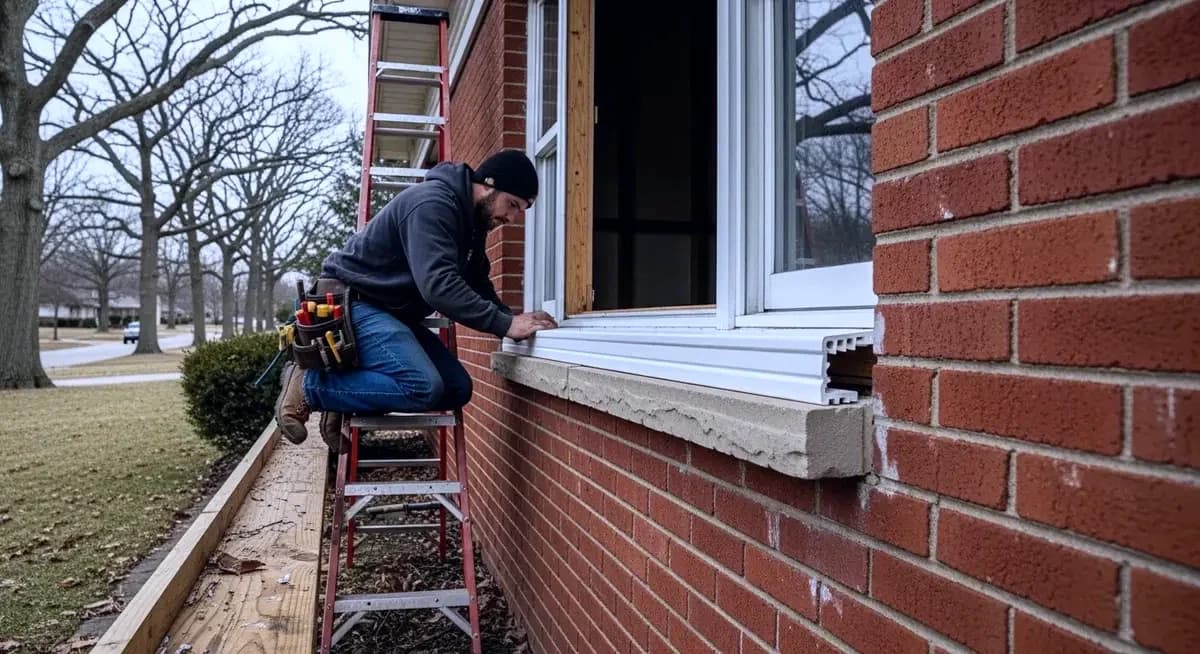Professional vinyl window sash crack repair contractor applying two-part structural epoxy into freeze-thaw corner weld crack at 90-degree sash frame corner junction on residential vinyl window in Columbus Ohio Worthington showing contractor with epoxy applicator sealing corner weld hairline crack with Columbus Ohio residential neighborhood background and Midwest suburban landscape