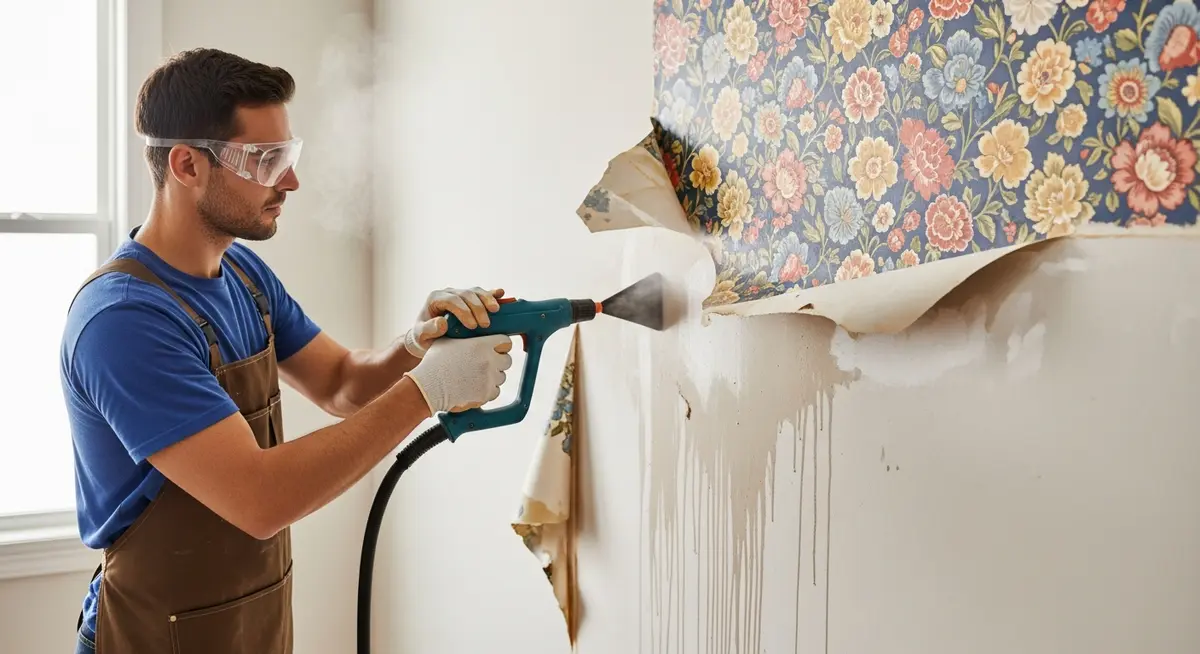 Professional wallpaper removal contractor using a steam stripper on a residential interior wall removing floral patterned vintage wallpaper in a bright living room with exposed drywall underneath