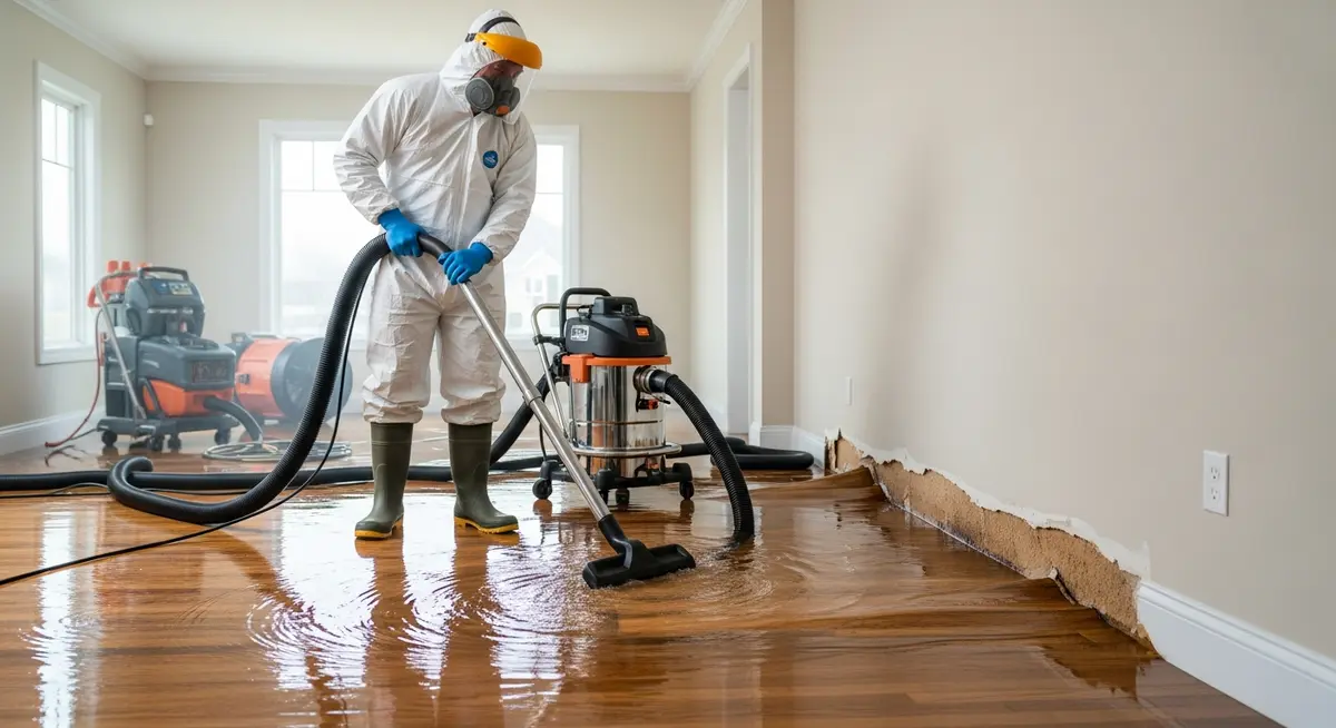 Professional water damage restoration contractor extracting water and drying a flooded home