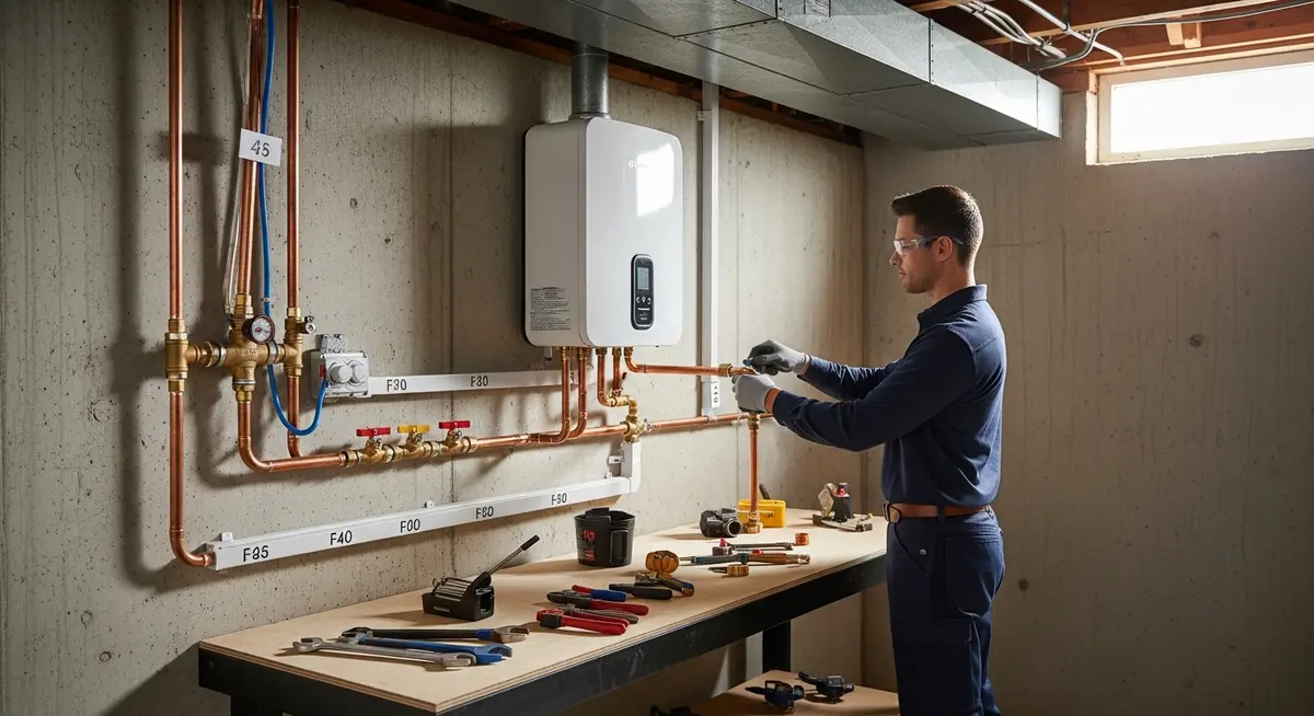 Professional water heater installation contractor mounting a modern tankless water heater unit on a basement wall with copper pipe connections and shutoff valves