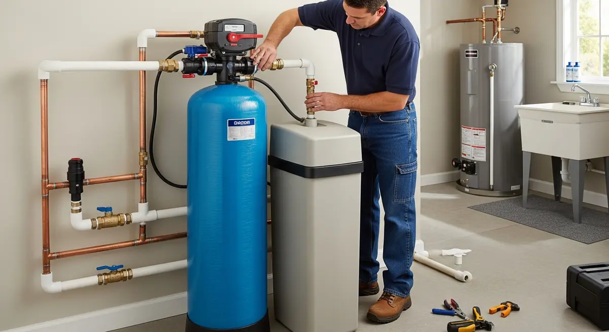 Professional water softener installation contractor installing a whole-house water softener system with brine tank in a residential utility room with copper pipe connections