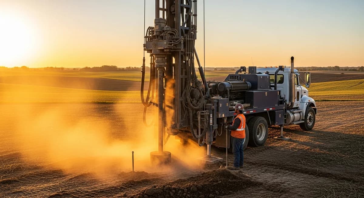 Professional water well drilling contractor operating a truck-mounted drilling rig boring a residential water well in rural Iowa farmland with safety gear and professional equipment