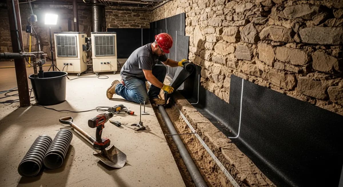 Professional basement waterproofing contractor installing an interior French drain system along the foundation wall of a home basement with sump pump crock and drainage channel