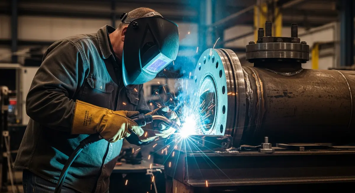 Professional welding contractor performing mobile structural steel welding on industrial equipment wearing full PPE including welding helmet and leather gloves with bright arc flash visible