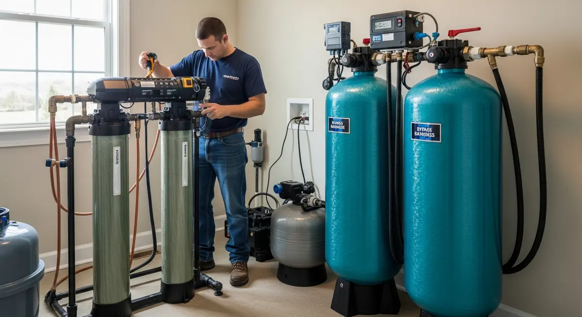 Well water treatment contractor installing an iron filtration backwash filter system in a utility room of a residential home in North Carolina with water treatment equipment tanks and control valves