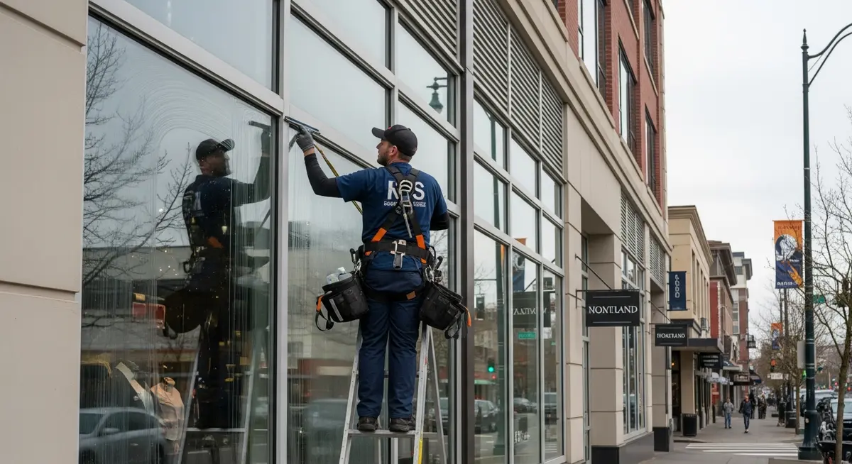 Professional window cleaning contractor using a squeegee to clean large commercial storefront windows on an urban street in Portland Oregon