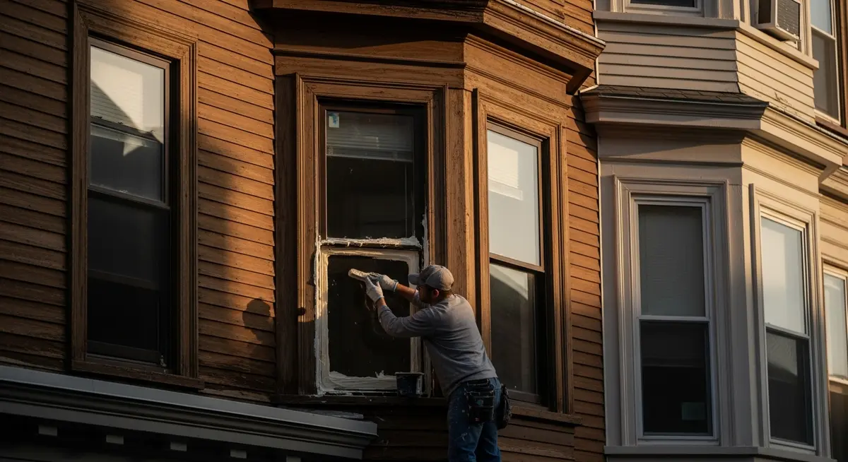 Professional window glazing putty replacement contractor applying fresh linseed oil glazing compound to single-pane wood sash window frame at Boston Massachusetts triple-decker residential building historic preservation Suffolk County photograph