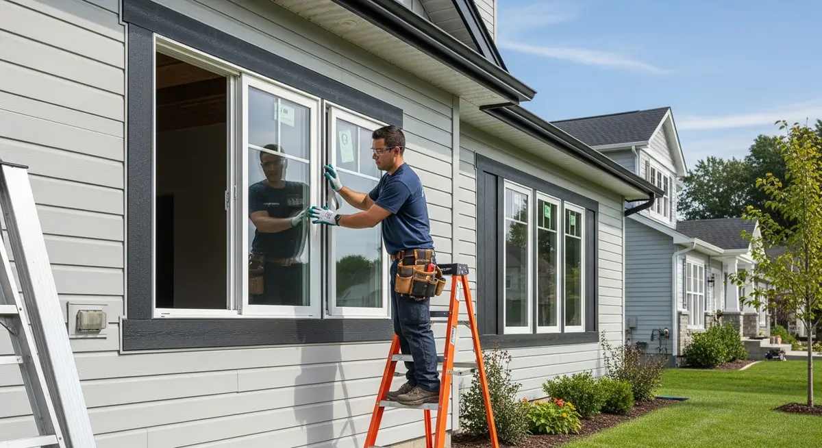 Professional window installer replacing energy-efficient windows on a residential home