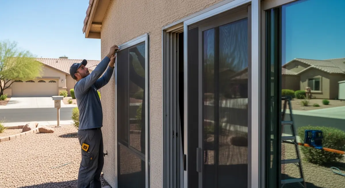 Professional window screen contractor replacing bent aluminum screen frame on Phoenix Arizona home exterior showing contractor installing new powder-coated aluminum screen frame with fiberglass mesh on large sliding glass door Maricopa County residential neighborhood photograph