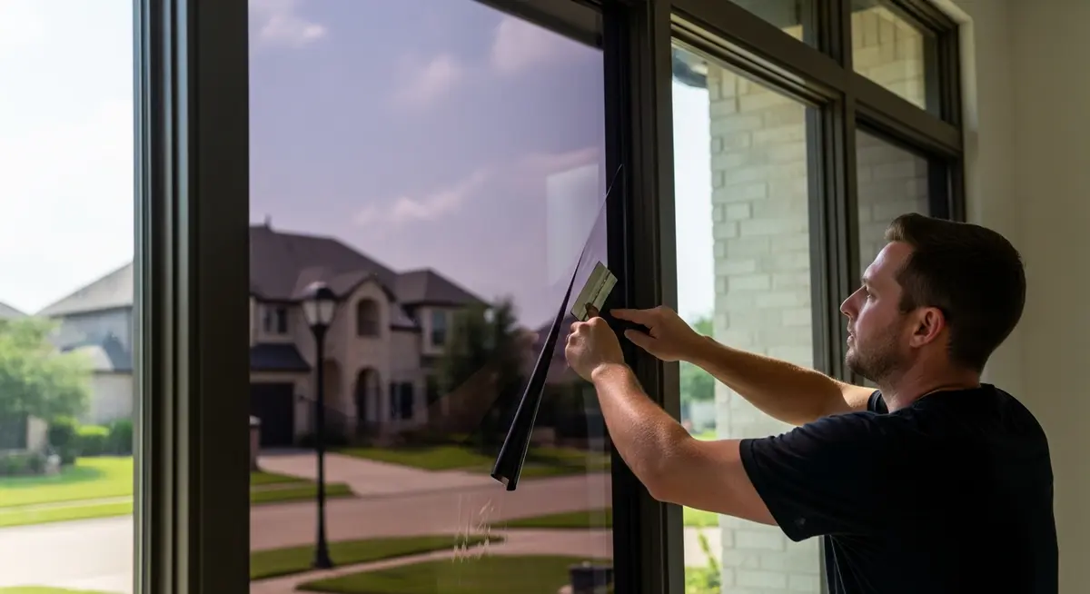 Professional window tinting contractor installing dark charcoal ceramic window film on large residential home windows in Dallas Texas using a squeegee to smooth the film against the glass with sunlight streaming through the partially tinted window showing the solar heat rejection effect
