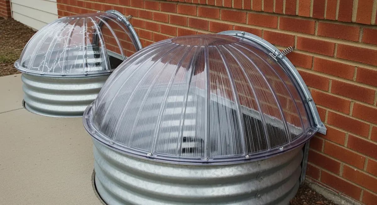 Window well cover replacement contractor installing polycarbonate dome cover on galvanized corrugated steel window well of 1970s Denver Colorado ranch home in Jefferson County suburban neighborhood showing hail-damaged original cover removed and new UV-resistant dome cover installation on red brick exterior