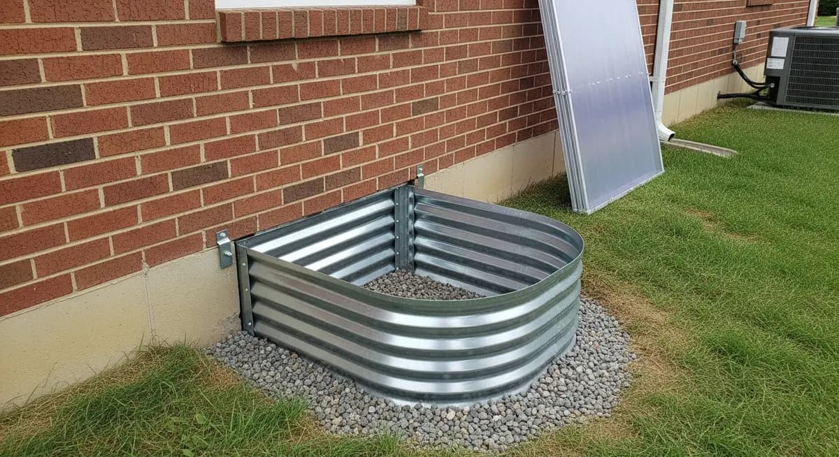 Professional window well installation contractor in Columbus Ohio installing galvanized steel corrugated window well against brick foundation wall of Franklin County ranch home with clean drainage gravel bed and polycarbonate cover
