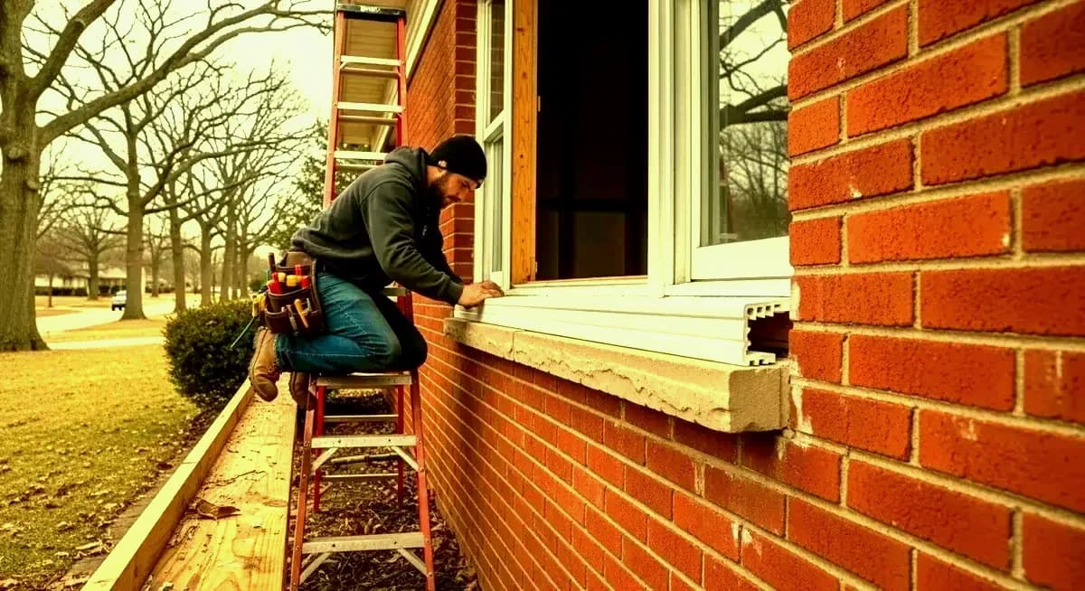 Professional wood deck stair riser board rot repair contractor replacing rotted pressure-treated Southern Yellow Pine stair riser board at residential wood deck stairs in Columbus Ohio Franklin County Westerville neighborhood showing contractor installing new riser board with structural screws at wood deck stair stringer while applying end grain sealant with Columbus Ohio suburban residential neighborhood background and Franklin County late spring sky