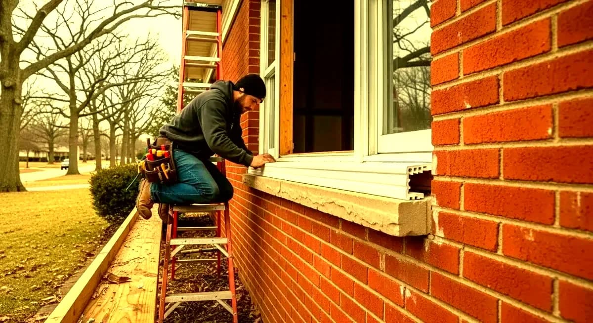 Professional wood deck stair tread rot repair contractor replacing rotted pressure-treated Southern Yellow Pine stair tread board at residential wood deck stairs in Nashville Tennessee Davidson County Brentwood neighborhood showing contractor installing new cedar deck stair tread board with corrosion-resistant structural screws on wood deck stair stringers while applying penetrating sealant to tread end grain with Nashville Tennessee suburban residential neighborhood background and Davidson County summer sky