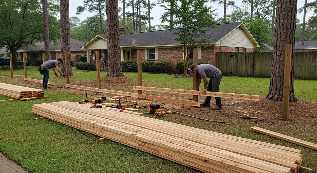 Professional wood fence panel replacement contractor installing new cedar privacy fence boards on a residential Houston Texas property showing contractor installing replacement cedar dog-ear boards with Harris County suburban neighborhood lush vegetation and brick ranch home in background