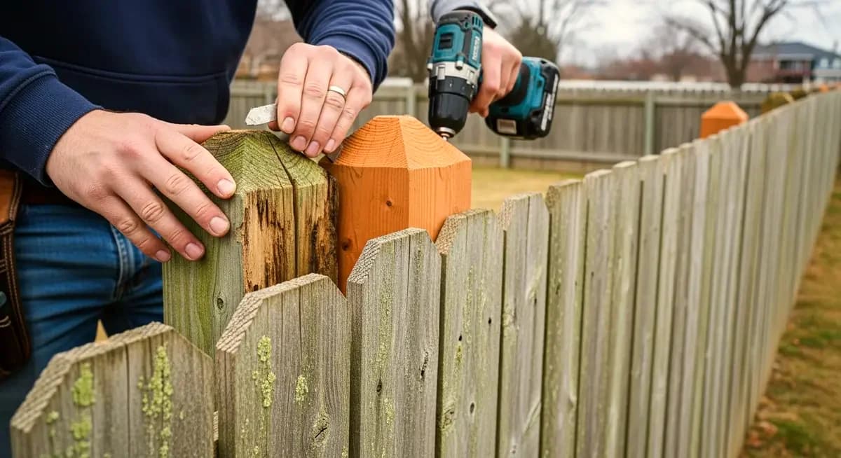 Professional wood fence post rot cap replacement contractor installing new cedar cap board on top of rotted wood fence post at residential wood fence in Charlotte North Carolina Mecklenburg County Ballantyne neighborhood showing contractor with cedar cap board and exterior-grade fastener gun replacing moisture-rotted post cap board at wood privacy fence post top with Charlotte North Carolina suburban residential neighborhood background and Mecklenburg County summer sky