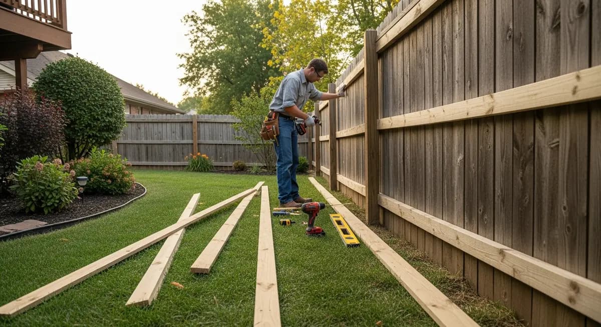 Professional fence contractor replacing rotted horizontal wood fence rails on a Kansas City Missouri residential privacy fence showing contractor attaching new pressure-treated 2x4 cedar fence rail to wooden fence post with drill driver in suburban Jackson County Missouri backyard with brick ranch house and lush Midwestern foliage background residential photograph