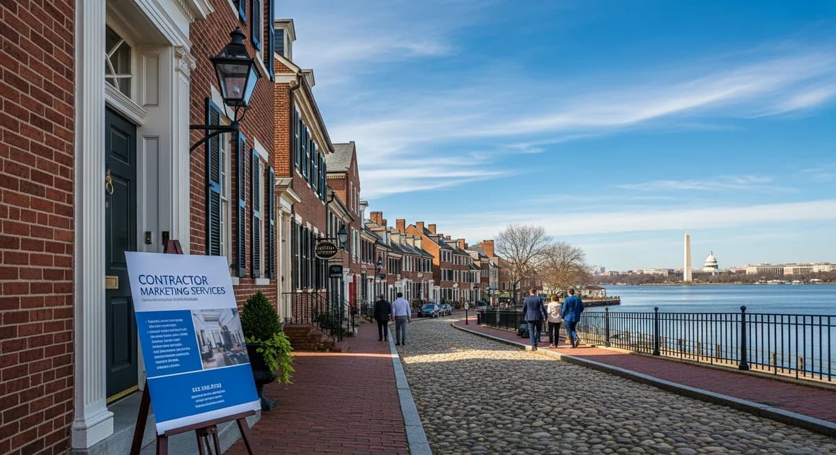 Contractor marketing services in Alexandria Virginia with Old Town historic district Georgian Federal architecture Potomac River Washington DC skyline and Virginia blue sky